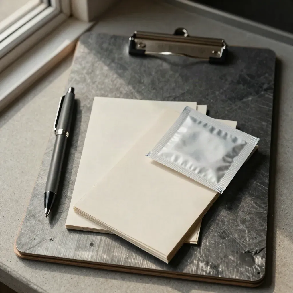 Stainless clipboard, pen, intake cards, and sealed swab packet on pale concrete.