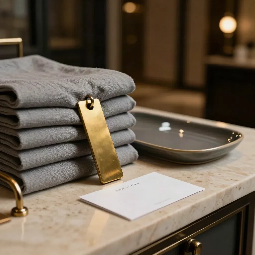 Brass key sleeve, linen, ceramic tray, and card sleeve on a hotel service ledge