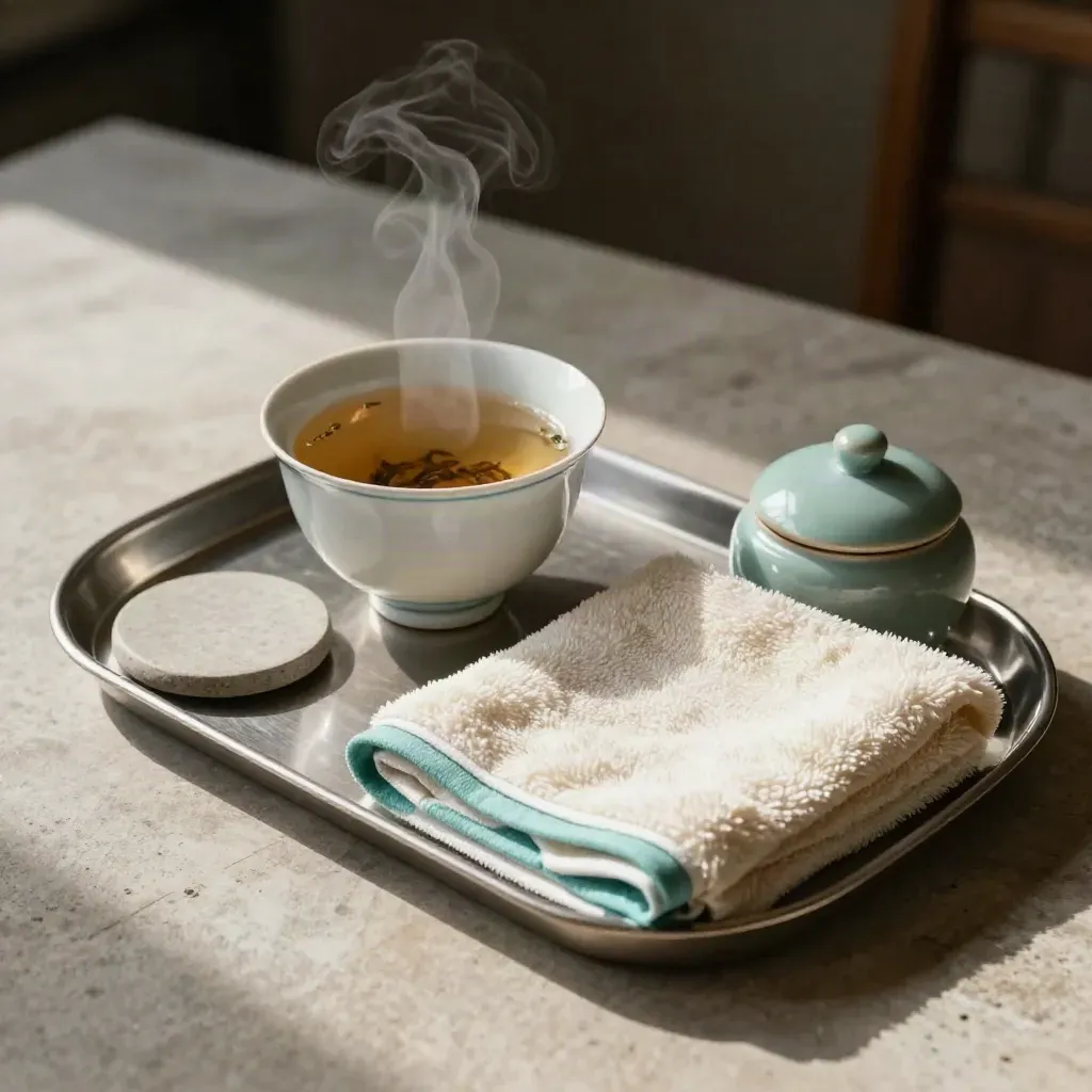Spa tea tray with steaming cup, towel, stone coaster and covered jar on stone.