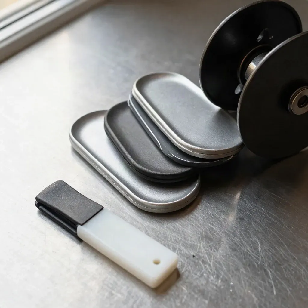 An industrial access token cluster on brushed metal, with a badge reel and rubber clip