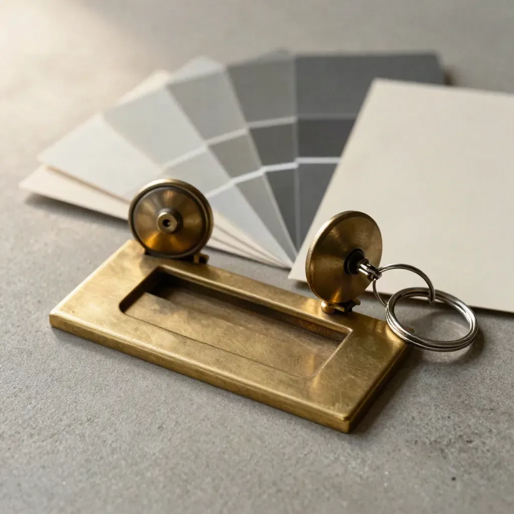 Macro still life of a keyed mail slot, paint swatches, brass backplate and key ring on cool concrete.