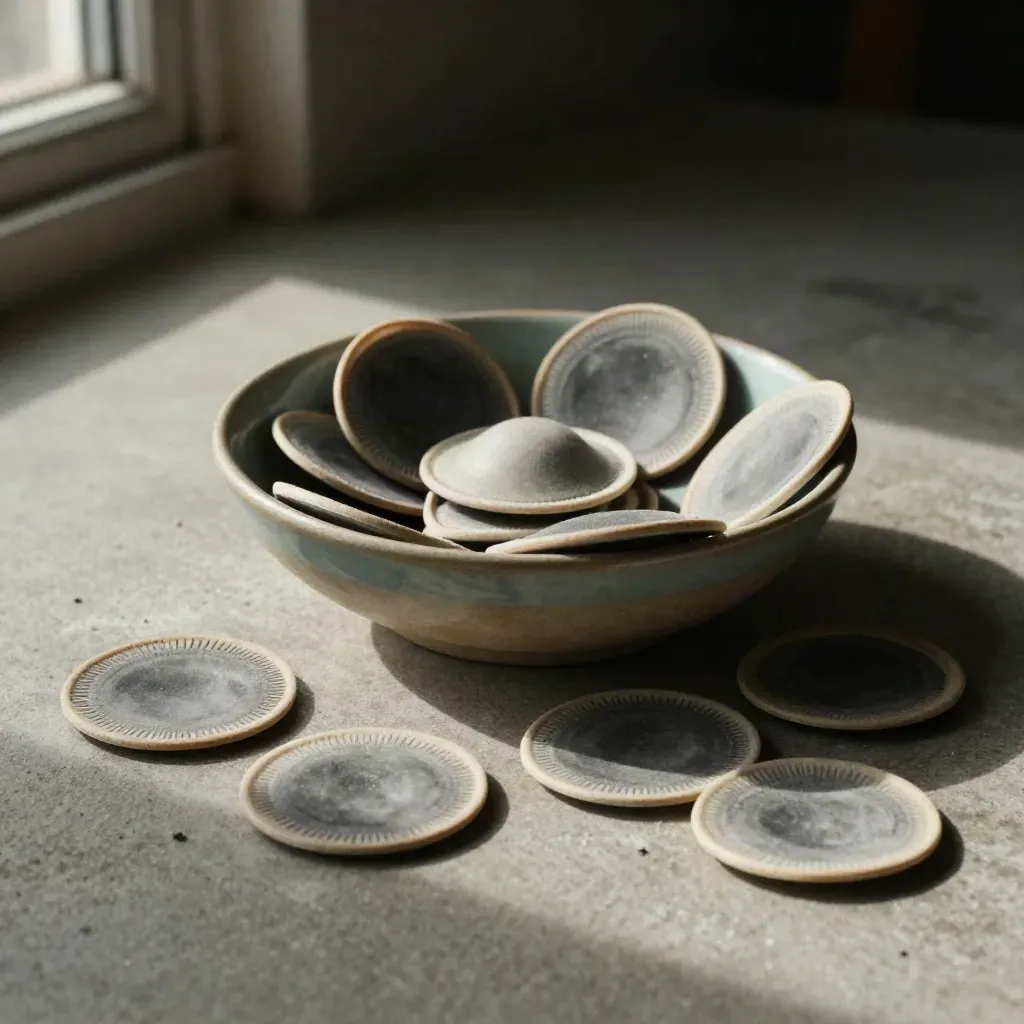 Matte survey chips in a ceramic bowl and alignment tray on graphite concrete.