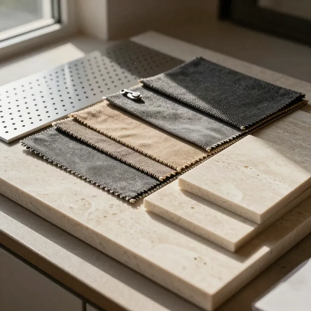 Fabric swatches, perforated aluminum, cable clip, and stone tile on travertine.