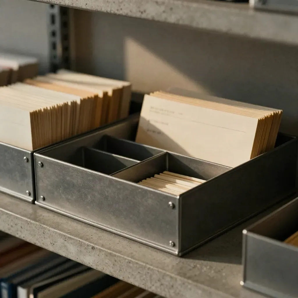 Slate organizer tray with stacked index cards on concrete, lit by a dramatic upper-side beam.