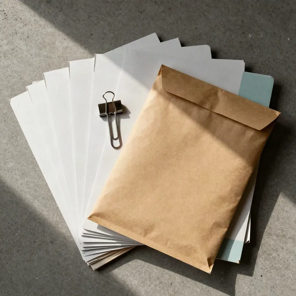 Overhead still life of export folders, archive cards, a metal clip, and a sealed mailer