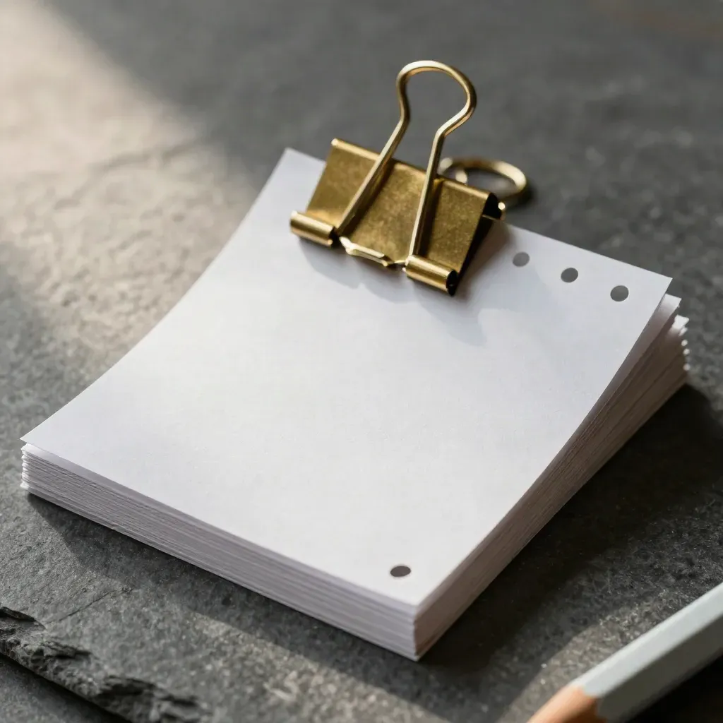 Perforated survey cards clipped in a tidy macro still life with a pencil stub on stone.