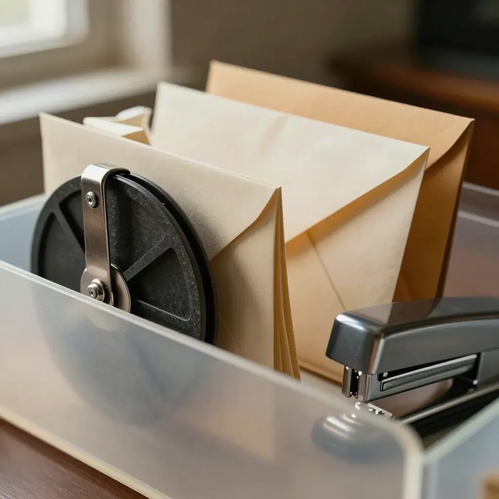 Macro HR mail-sorting tools with envelopes, badge reel, stapler and acrylic organizer.