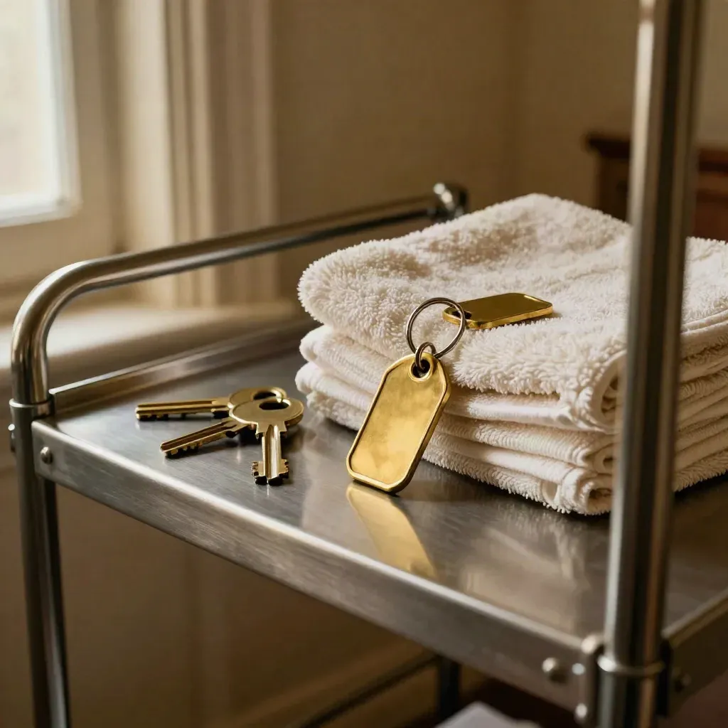 Brass key fobs and terry towel on a hotel housekeeping cart, viewed through soft glass.