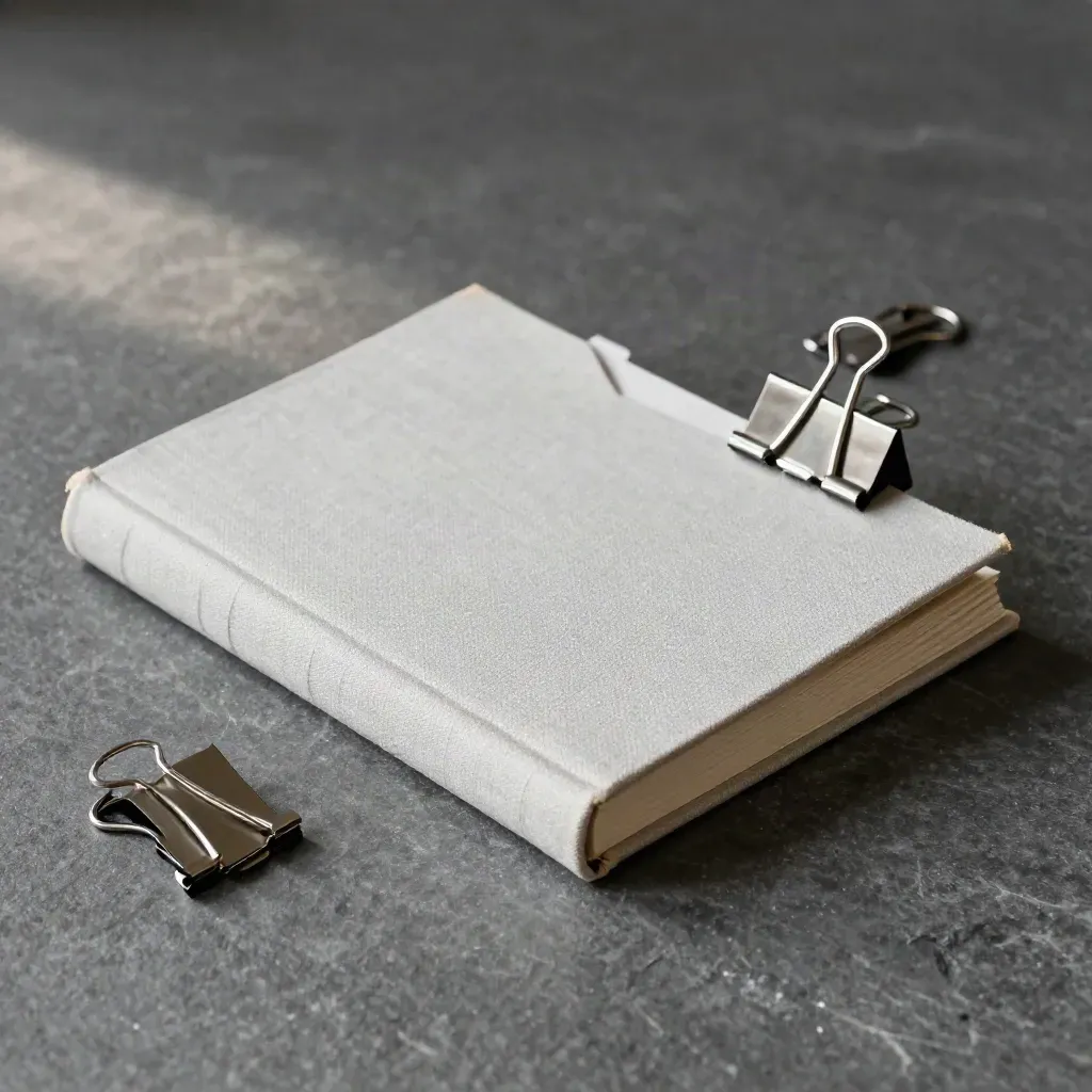 Ledger spine, rising file tabs, and archive clips on graphite stone in soft daylight.