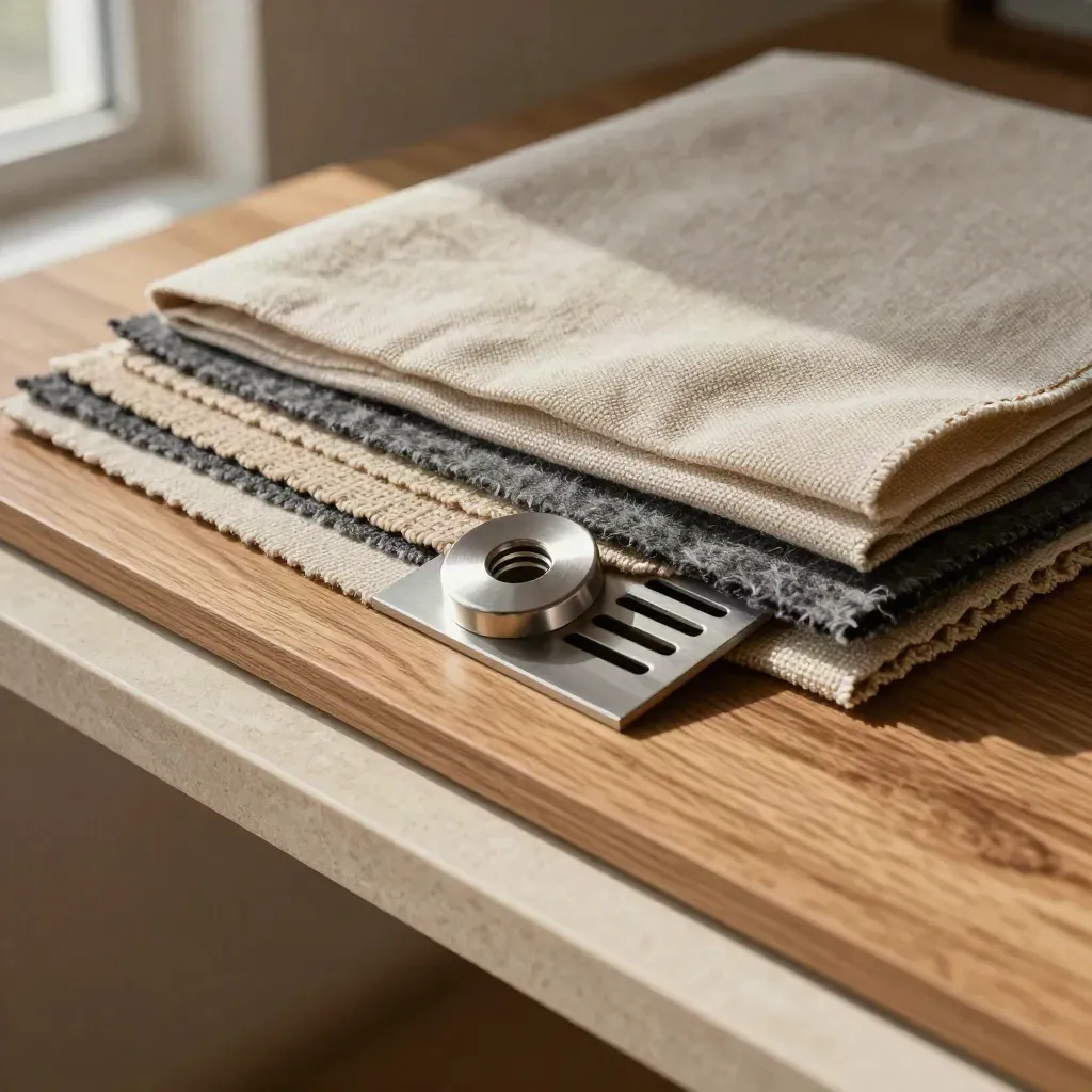 Acoustic fabric swatches, vent grille sample, and aluminum grommet on oak board