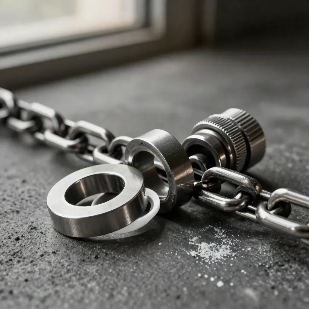 Brushed-steel rings, washers, and a cable gland aligned diagonally on dark concrete.
