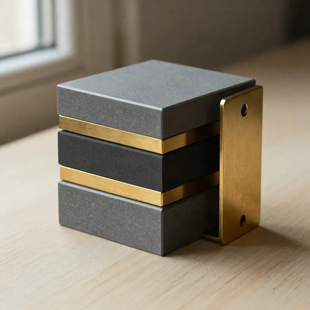 Top-down macro of nested graphite cubes, brass spacers, and a folded bracket on pale wood.