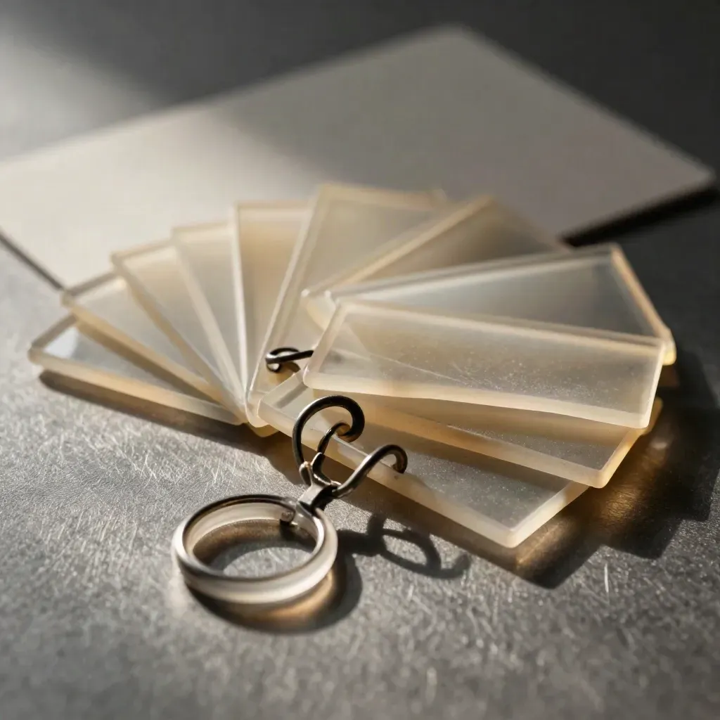 Translucent acrylic spacers and ring fasteners on brushed metal, lit like premium editorial still life.