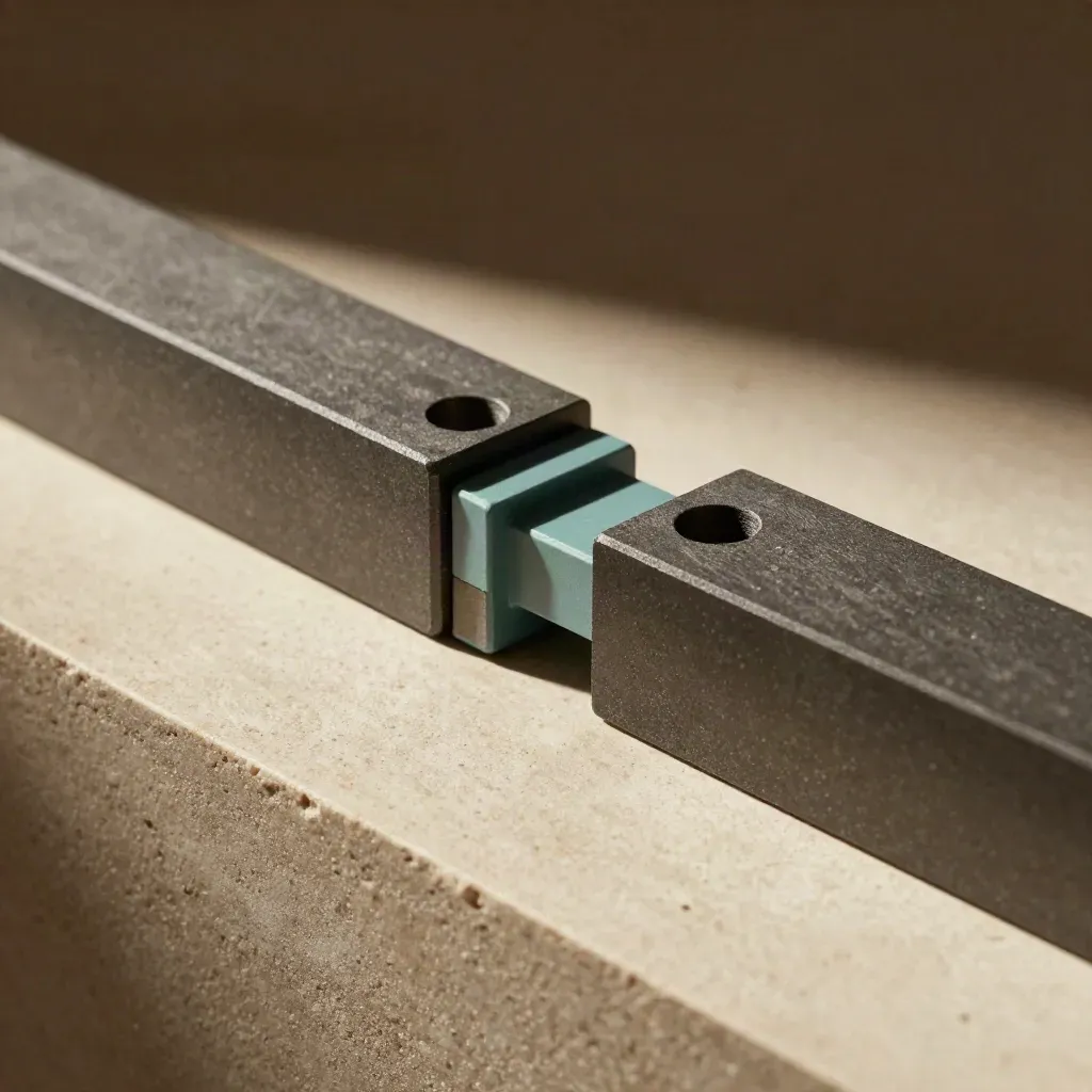 Graphite modular blocks bridged by spacers and a clamp on pale stone, lit dramatically.